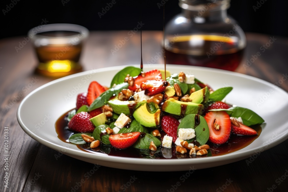 Strawberry salad with spinach, feta cheese, avocado, balsamic vinegar and olive oil in a plate.