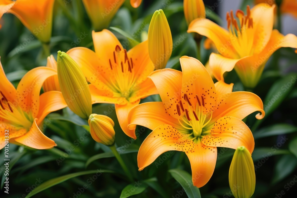 Brightly orange lily flowers. Beautiful flowers with orange petals. Brightly orange lily flowers. Beautiful flowers with orange petals.