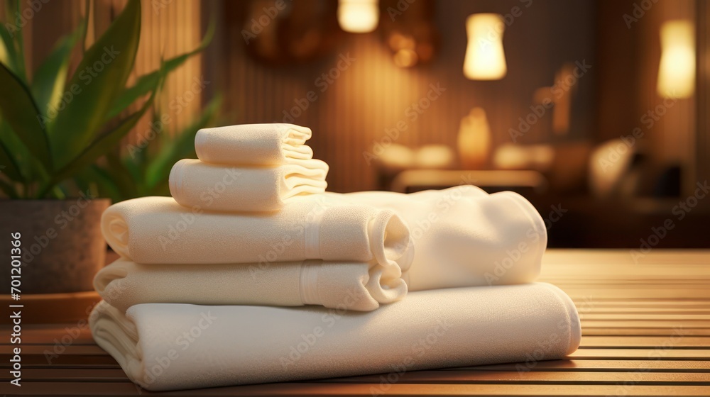 Stack of towels inside women's beauty and relaxation clinic spa massage studio.