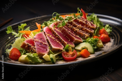 Traditional salad with pieces of medium-rare grilled ahi tuna and sesame with fresh vegetable salad.