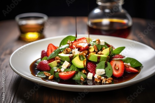 Strawberry salad with spinach  feta cheese  avocado  balsamic vinegar and olive oil in a plate.
