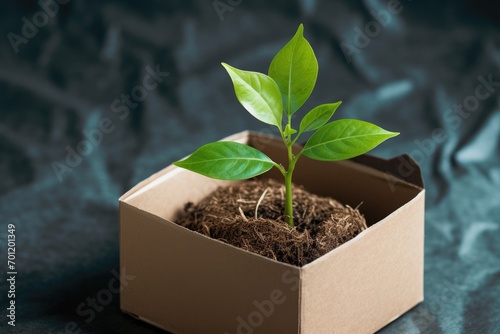 A small plant in a cardboard box in nature. Eco friendly packaging, paper recycling concept.