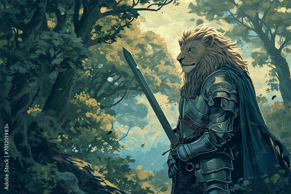 illustration of the jungle lion knight - obrazy, fototapety, plakaty 