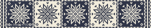 Folk embroidery cross stitch floral rug pattern. Vector ethnic blue-white embroidery geometric floral pattern. Folk floral embroidery pattern use for border, table runner, tablecloth, carpet, rug, etc photo