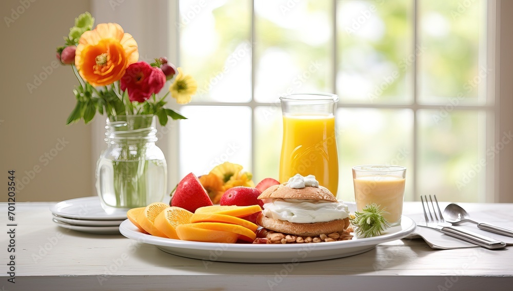 Breakfast with orange juice, fresh fruits and pastries on a wooden table Breakfast with orange juice, fresh fruits and pastries on a wooden table