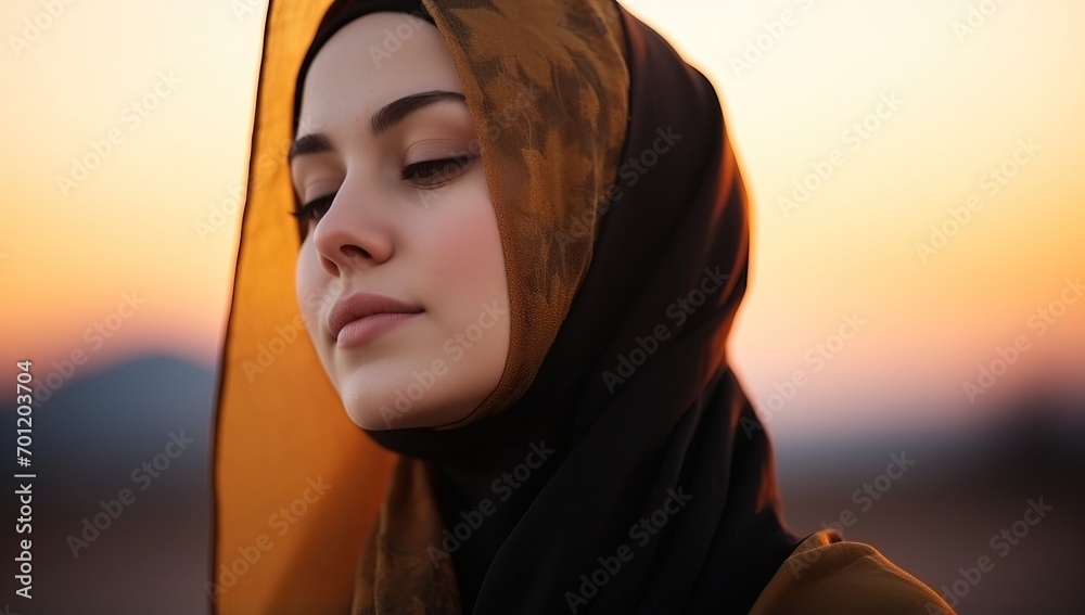 Portrait of young muslim woman in hijab looking away at sunset Portrait of young muslim woman in hijab looking away at sunset