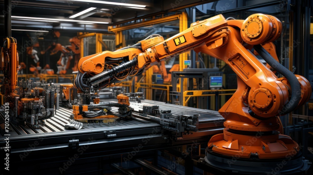 Machine robotic arm, High-tech assembly line in an automated industrial factory.	