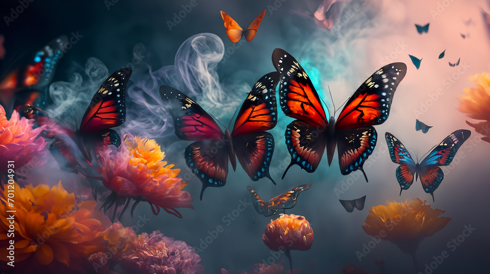 Whimsical Fantasy Flight of Colorful Butterflies