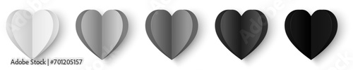 Set of white and black gradient papercut hearts isolated on white background. Vector illustration. Paper cut heart decorations. Love symbols for Happy Mother's or Valentine's Day greeting card design.