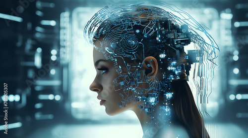 A young woman with information technology inside head