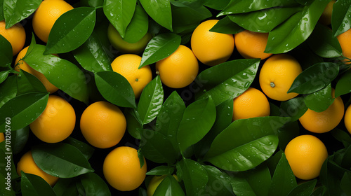 Background of fresh mandarins or oranges with green Generative Ai photo