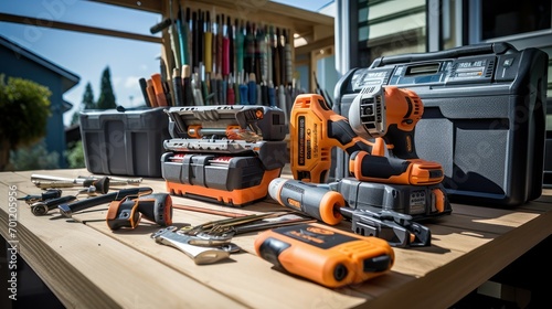 Set up of carpentry technician tools arranged on a wooden table.