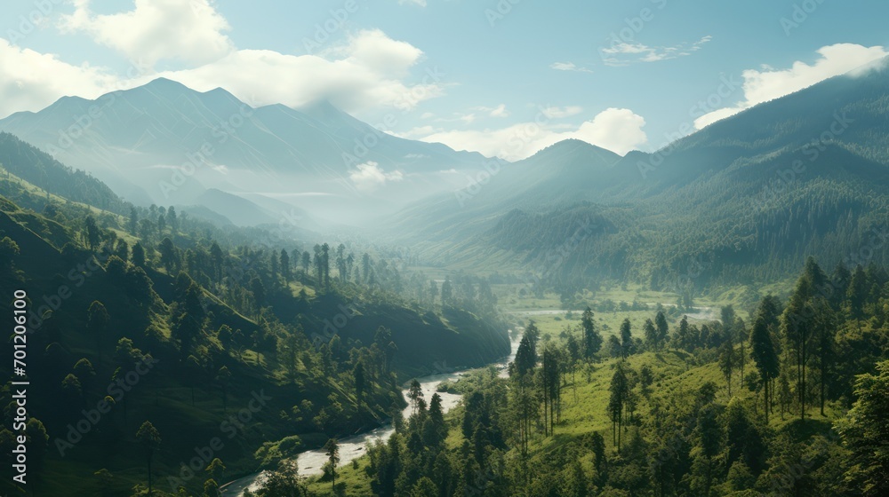 Green valley in high rocky mountains, landscape panoramic view. Green valley in high rocky mountains, landscape panoramic view.