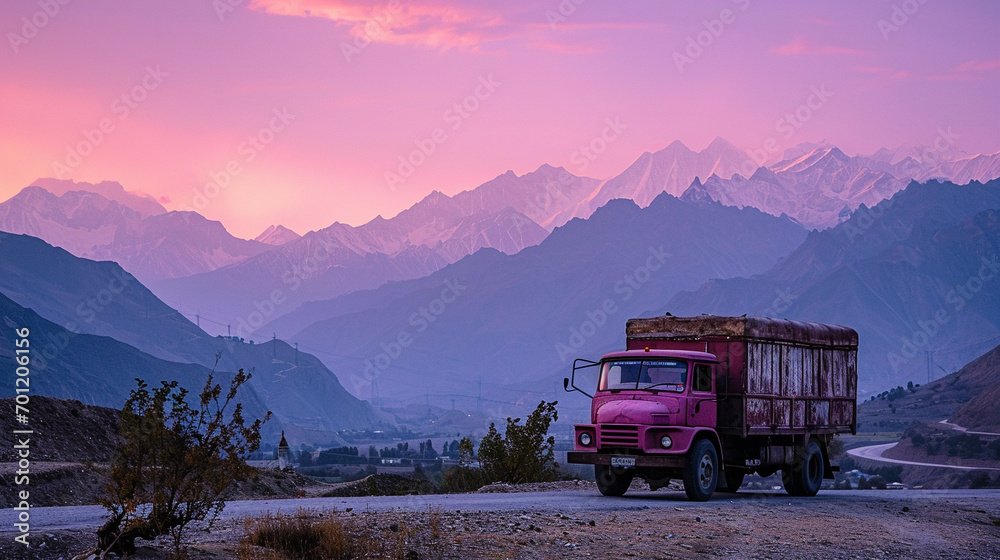Magenta-colored truck against Skardu's majestic mountains at dawn.