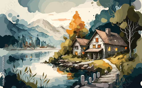 watercolor landscape with lake house design, illustration, watercolor painting design