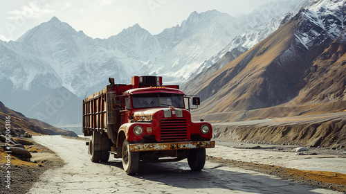 Crimson truck with intricate details on Karakorum's winding roads.