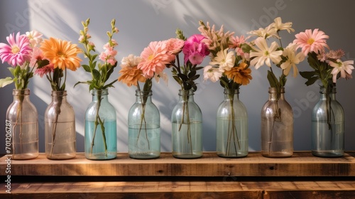 Beauty fresh Flower plant decorations in used glass bottles