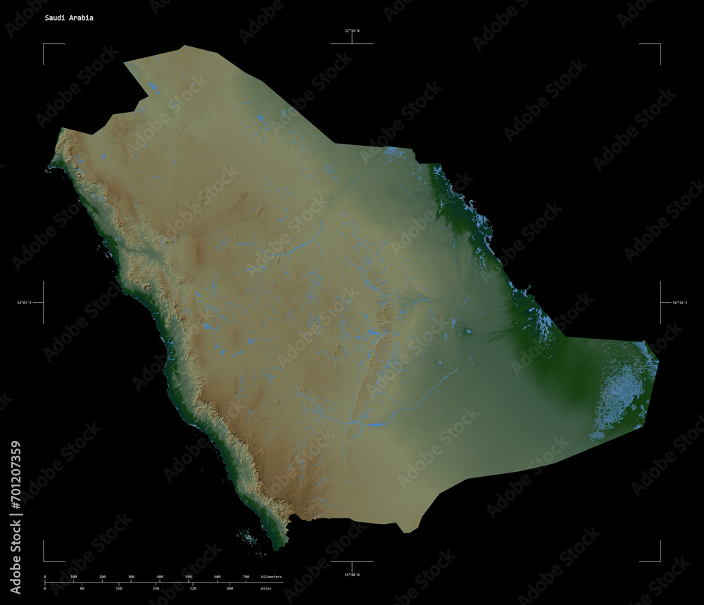 Saudi Arabia shape isolated on black. Physical elevation map