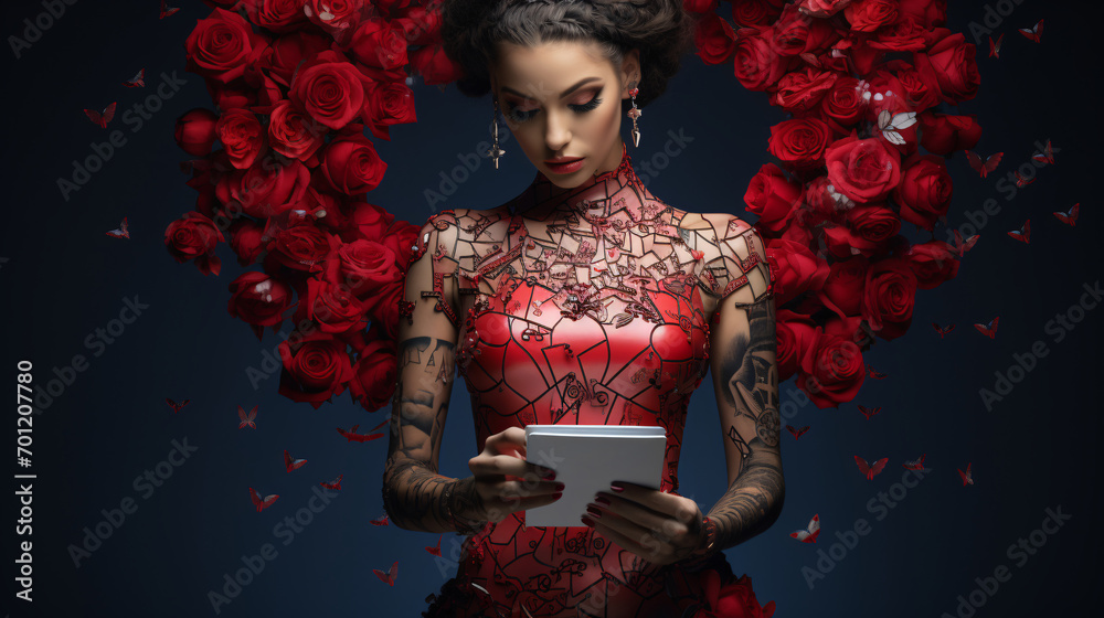 A red woman as romantic angel with a notepad and roses as wings A red woman as romantic angel with a notepad and roses as wings