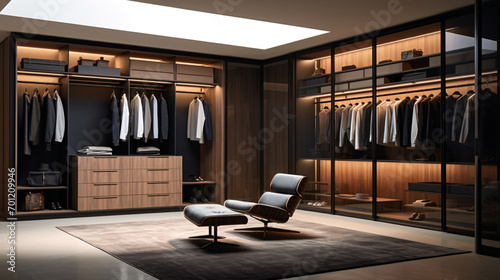Walk in closet with luxury warm wooden wardrobe  drawer and armchair with beautiful lighting  modern and minimal style dressing room interior design.