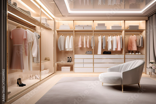 White and beige wood women walk in closet, with warm wooden wardrobe, white drawer and armchair, modern luxury mixed with minimal style feminine dressing room interior design. photo