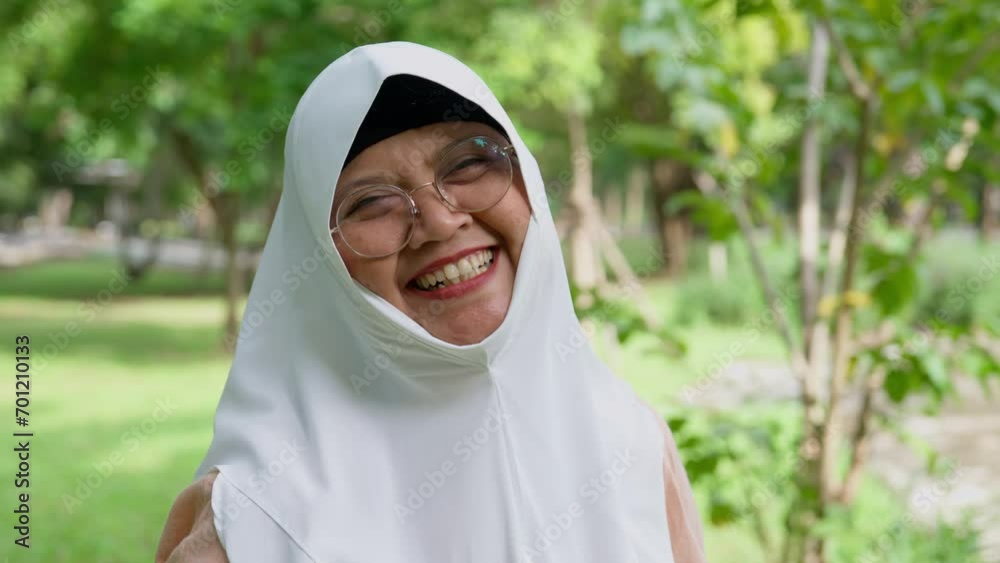 Closeup face of cheerful elderly woman covered with headscarf smiling outdoors. Casual Islamic girl in park. Freedom and relaxing outdoors. Happiness, smile, and face of Islamic female person with joy Closeup face of cheerful elderly woman covered with headscarf smiling outdoors. Casual Islamic girl in park. Freedom and relaxing outdoors. Happiness, smile, and face of Islamic female person with joy