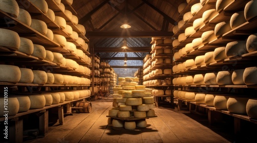 Stack of cheeses inside a traditional warehouse