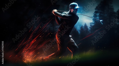 Photo of golf athlete swinging golf stick with night light effect background.