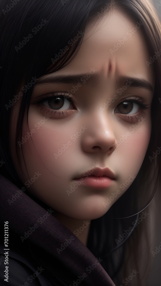 Close-up portrait of a sad woman with black and white monochrome hairstyle. Close-up portrait of a sad woman with black and white monochrome hairstyle.