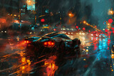 Midnight Drizzle: The Classic Racer's Wet City Sprint. Generative AI