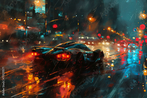 Midnight Drizzle: The Classic Racer's Wet City Sprint. Generative AI