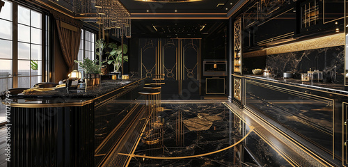 Opulent black and gold kitchen, art deco-inspired wall patterns. 8k, © AB malik