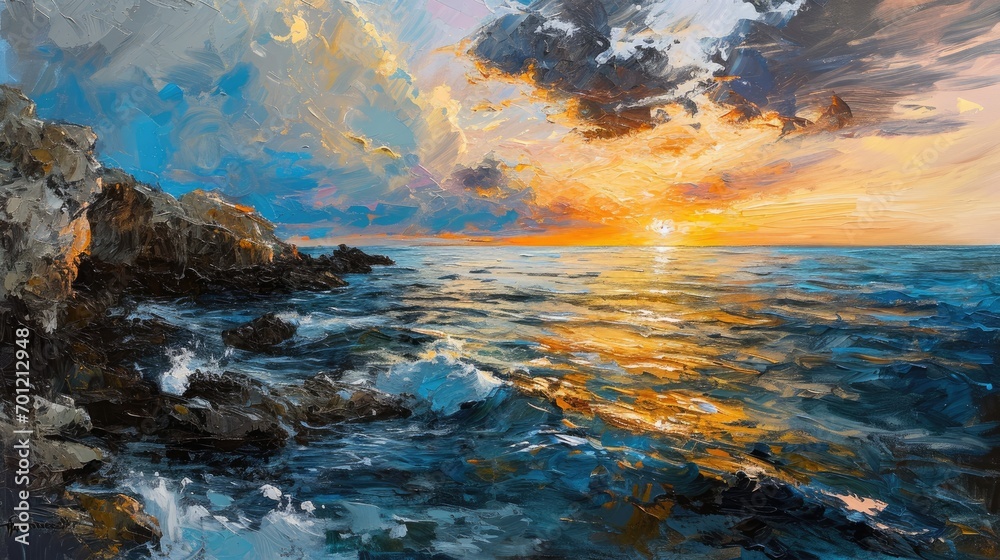 impressionist oil painting, beautiful, dramatic, Puglia Sunset in Italy during Summertime - obrazy, fototapety, plakaty 