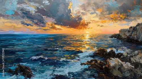 impressionist oil painting, beautiful, dramatic, Puglia Sunset in Italy during Summertime © Praphan