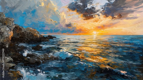 impressionist oil painting, beautiful, dramatic, Puglia Sunset in Italy during Summertime