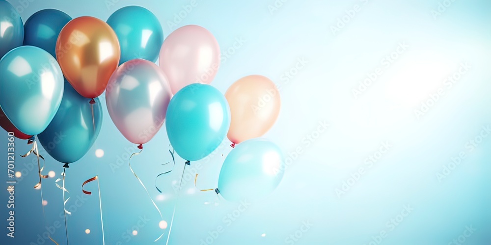 birthday party balloons with confetti and cake on light blue background, post processed birthday party balloons with confetti and cake on light blue background, post processed