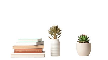 Lamp, books and succulent plant on the shelf against empty wall mockup