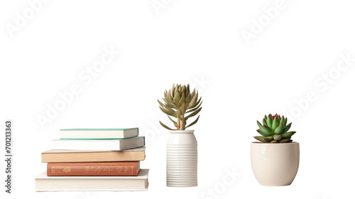 Lamp, books and succulent plant on the shelf against empty wall mockup