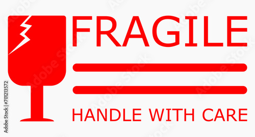 sticker fragile handle with care, white color fragile warning label, fragile label with broken glass symbol, vector, red text