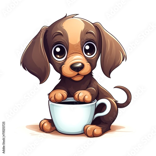 Cute cartoon dog with cup. Sticker Clipart. AI generated.