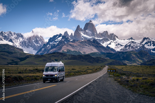 Road to el chalten, beautiful fitz roy, cerro torre, dramatic sky sunlight, and cloud (Argentina, Patagonia)