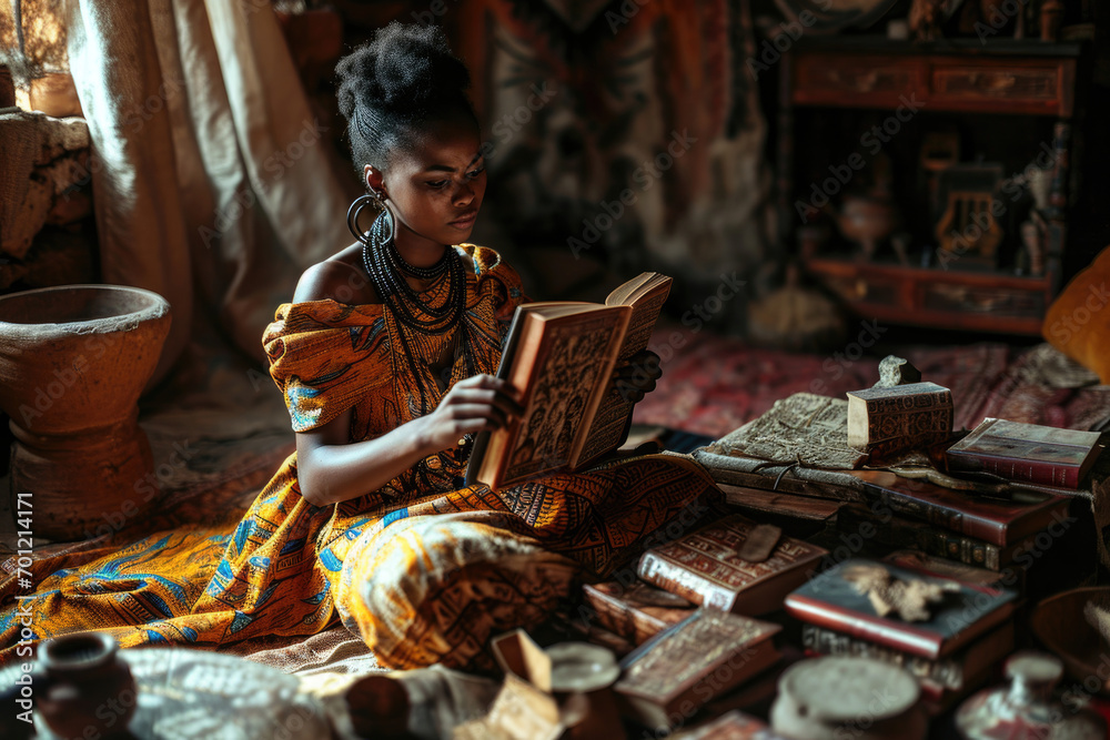 A woman immersed in reading historical literature, surrounded by symbols of African culture