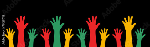 black history month 2024 celebration raising vector hands design.
