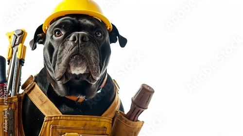 Dog worker in hard hat with tool belt and spirit level pointin away on empty space. Isolated on white background photo