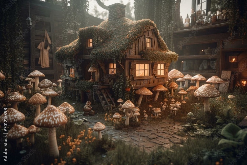 A house surrounded by mushrooms. Generative AI