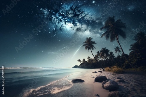 A celestial sky above a lush coastal oasis complete with sandy shores, towering palms and a serene sea. Generative AI