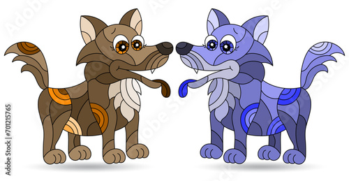 Set of stained glass-style illustrations with cute cartoon dogs, animals isolated on a white background, tone blue and brown