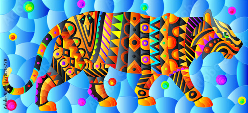Stained glass illustration with abstract tiger, animal on blue background, rectangular image