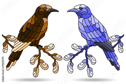 Set of illustrations in stained glass style with a birds, animals on branches isolated on a white background, tone brown and blue