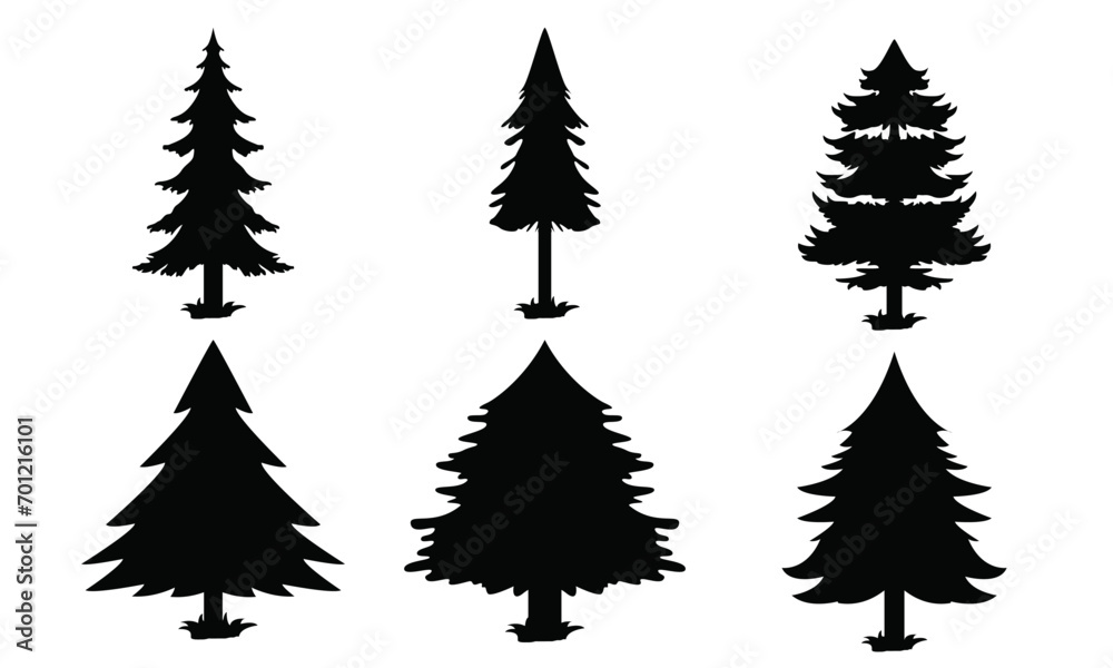 pine trees  silhouettes and detailed vectors set , white and black